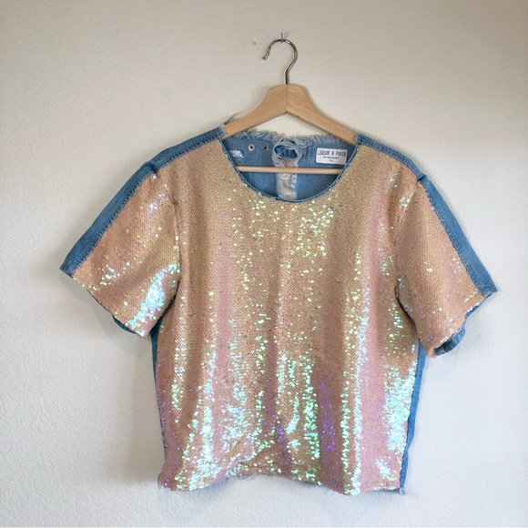 Liquor n Poker Sequin Split-Back Denim Top, 10 - Picture 1 of 8